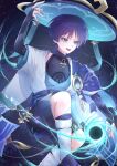 1boy anemo_symbol_(genshin_impact) animal_print arm_at_side arm_up armor belt bird_print black_belt black_bodysuit black_bow black_bridal_gauntlets black_leggings black_sandals black_shorts blue_cape blue_gemstone blue_hat blue_kimono blue_sleeves blunt_ends bodysuit bow bridal_gauntlets cape colored_eyelashes covered_collarbone curled_fingers eyeliner eyeshadow feathers furisode gem genshin_impact gold gold_ring hakama hakama_shorts hat highres japanese_armor japanese_clothes jingasa juban kimono knee_up kote kurokote layered_sleeves leg_warmers leggings looking_to_the_side lower_teeth_only makeup male_focus mandarin_collar middle_ring open_clothes open_kimono open_mouth pleated_shorts pom_pom_(clothes) purple_eyes purple_hair purple_rope purple_sash raised_eyebrow red_eyeliner red_eyeshadow rope sandals sash scaramouche_(genshin_impact) short_sleeves shorts shoulder_peek sky solo star_(sky) starry_sky tassel teeth toa_scara tongue vision_(genshin_impact) vortex wanderer_(genshin_impact) white_kimono white_leg_warmers white_sleeves white_trim wind yellow_feathers zouri 