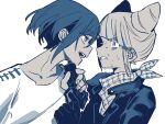  100387l 2girls absurdres at_gunpoint blue_theme clenched_teeth commentary_request cone_hair_bun crazy_smile diagonal_bangs double_bun eye_contact face-to-face from_side gloves gun gun_to_head hair_bun highres holding holding_gun holding_weapon jacket kisaragi_ayumi looking_at_another multiple_girls nervous_sweating open_mouth protected_link scared scarf shirt short_hair simple_background smile spoilers sweat teeth tomarigi_yasumi toshi_densetsu_kaitai_center upper_body weapon white_background 