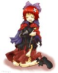  bandages bow bruise cape closed_eyes hair_bow injury kneeling long_sleeves open_mouth rashime_emisa red_hair sekibanki short_hair skirt solo tears torn_clothes touhou 