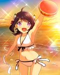  1girl :d ahoge arm_up armpits beach bikini black_hair blush ensemble_girls! ensemble_girls_(artist) flower food fruit hair_flower hair_ornament happy kodama_ichika navel ocean official_art open_mouth purple_eyes ribbon seashell shell short_hair side-tie_bikini sky smile solo sparkle sunset swimsuit water watermark watermelon 