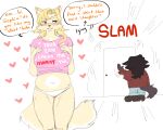 5:4 anthro biped breasts brown_hair canid canine canis clothing door duo ear_piercing female fur hair heart_symbol hi_res lying magdalaene_(sepulturegirl) mammal markings mole_(marking) mommy_kink navel orange_text panties piercing pink_clothing pink_shirt pink_t-shirt pink_topwear red_clothing red_shirt red_topwear sepulturegirl shirt simple_background slamming sophia_(sepulture_girl) speech_bubble standing t-shirt text topwear trans_(lore) trans_woman_(lore) underwear white_background wolf yellow_body yellow_fur