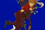  2boys black_shoes blonde_hair blue_background blue_shirt brown_shoes bug cleavage_cutout clothing_cutout collar collared_jacket crop_top earrings foot_out_of_frame giorno_giovanna green_collar green_eyes green_sleeve_cuffs guido_mista head_out_of_frame highres jacket jewelry jojo_no_kimyou_na_bouken knee_pads ladybug ladybug_ornament leaning_on_person looking_down lying_on_lap lying_on_person male_focus multiple_boys pants pink_jacket pink_pants sang_(3soun) shirt shoes solo_focus stud_earrings vento_aureo victory_rolls yaoi 