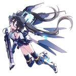  1girl aris_(blue_archive) aris_(mecha_suit)_(blue_archive) armor bare_shoulders black_hair blue_archive blue_eyes blue_leotard blue_necktie gun hair_between_eyes highres holding holding_gun holding_weapon kurana_(atlas) leotard long_bangs long_hair looking_at_viewer mecha_pilot_suit necktie official_alternate_costume official_alternate_hairstyle open_mouth sidelocks simple_background solo twintails weapon white_background 