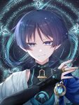  1boy anemo_symbol_(genshin_impact) aqua_halo armor black_background black_bodysuit black_bridal_gauntlets blue_cape blue_eyes blue_gemstone blue_kimono blue_sleeves blunt_ends bodysuit bridal_gauntlets cape closed_mouth covered_collarbone eyeliner eyeshadow feathers fingernails furrowed_brow gem genshin_impact gold gold_ring halo halo_behind_head hand_up highres japanese_armor japanese_clothes juban kimono kote kurokote layered_sleeves looking_at_viewer makeup male_focus mandarin_collar middle_ring open_clothes open_kimono pom_pom_(clothes) purple_hair red_eyeliner red_eyeshadow scaramouche_(genshin_impact) short_sleeves shoulder_peek smirk solo straight-on toa_scara tsurime vision_(genshin_impact) wanderer_(genshin_impact) white_kimono white_sleeves yellow_feathers 