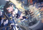  1girl absurdres aris_(blue_archive) aris_(mecha_suit)_(blue_archive) armored_core balteus_(armored_core_vi) blue_archive boots commentary_request crossover dodging firing flying halo highres korean_commentary korean_text kurana_(atlas) leotard long_hair mecha_musume mechanical_wings missile teeth thighhighs translation_request twintails weapon wings 