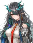  1girl arknights bare_shoulders bead_bracelet beads black_coat black_hair blush bracelet breasts cleavage_cutout closed_mouth clothing_cutout coat colored_extremities commentary_request dragon_girl dragon_horns dress dusk_(arknights) earrings eastern_dragon_horns green_hair green_hands green_horns hair_over_one_eye hand_up highres horns jewelry long_hair long_sleeves medium_breasts multicolored_hair necktie orange_eyes pointy_ears red_necktie sakutein_oekaki simple_background sleeveless sleeveless_dress solo streaked_hair tassel tassel_earrings upper_body white_background white_dress 