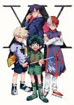  4boys adjusting_eyewear bakeddeer bakugou_katsuki blue_shorts boku_no_hero_academia boots business_suit crossed_arms crossover fishing_rod gon_freecss green_boots green_shirt green_shorts holding holding_fishing_rod holding_skateboard hunter_x_hunter iida_tenya killua_zoldyck kurapika leorio_paladiknight midoriya_izuku multicolored_hair multiple_boys scar scar_across_eye scar_on_face shirt short_hair shorts signature skateboard spiked_hair standing suit teeth todoroki_shoto upper_teeth_only 