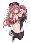  1girl absurdres ahoge black_choker black_hat black_one-piece_swimsuit black_thighhighs breasts brown_hair choker cleavage competition_swimsuit covered_navel full_body goddess_of_victory:_nikke hat highleg highleg_one-piece_swimsuit highres jacket large_breasts long_hair looking_at_viewer official_alternate_costume one-piece_swimsuit open_clothes open_jacket ramuneogura rapi_(classic_vacation)_(nikke) rapi_(nikke) shoes simple_background smile sneakers solo swimsuit thighhighs two-tone_swimsuit white_background white_shoes 