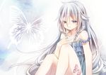  bare_shoulders blue_eyes braid bug butterfly colored_eyelashes hair_between_eyes ia_(vocaloid) insect jitome long_hair silver_hair sitting solo tattoo twin_braids utaori vocaloid 