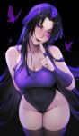  1girl absurdres bare_shoulders black_hair breasts gloves highleg highleg_leotard highres large_breasts leotard limart long_hair looking_at_viewer marvel marvel_rivals psylocke purple_eyes solo thighhighs x-men 
