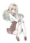  1girl 5rwpvc absurdres blue_pupils blush bow bowtie brown_sailor_collar brown_shoes brown_skirt closed_mouth collared_shirt gradient_hair green_bow green_bowtie grey_hair hair_between_eyes hair_intakes hands_on_own_knees highres honkai:_star_rail honkai_(series) long_hair long_sleeves looking_at_viewer multicolored_eyes multicolored_hair plaid_bow plaid_bowtie plaid_clothes pleated_skirt sailor_collar shirt shoes simple_background skirt smile solo thighhighs white_background white_shirt white_sleeves white_thighhighs 
