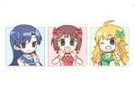  3girls :d ;d absurdres ahoge amami_haruka blonde_hair blue_bow blue_hair bow brown_eyes brown_hair check_my_note_(idolmaster) chiwawa174 choker closed_mouth deformed green_bow green_eyes hair_bow hand_up hands_up heart heart_necklace highres hoshii_miki idolmaster idolmaster_(classic) idolmaster_one_for_all jewelry kisaragi_chihaya long_hair looking_at_viewer multiple_girls necklace one_eye_closed open_mouth red_bow short_hair simple_background smile w white_background wrist_cuffs 