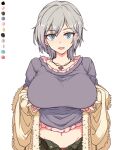  1girl :d anastasia_(idolmaster) belt blue_eyes breast_lift breasts color_guide commentary_request cross_pendant earrings frilled_shirt frills grey_hair grey_shirt holding_own_breasts idolmaster idolmaster_cinderella_girls jewelry large_breasts looking_at_viewer midriff navel necklace off_shoulder open_belt open_fly panties panty_peek pendant shirt short_hair simple_background smile solo toriga_naku underwear upper_body white_background 