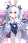  1girl absurdres animal_ears azur_lane bare_shoulders blue_leotard blue_ribbon blush breasts closed_mouth cocktail_glass covered_navel crossed_bangs cup drinking_glass fake_animal_ears groin hair_ribbon hands_up highres holding holding_tray laffey_(azur_lane) laffey_ii_(azur_lane) laffey_ii_(sleepy_on_a_busy_day)_(azur_lane) leotard long_hair looking_at_viewer official_alternate_costume pantyhose petite playboy_bunny rabbit_ears red_eyes ribbon small_breasts solo tray twintails very_long_hair white_hair white_pantyhose ye_yemail 