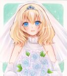  1girl alice_margatroid alternate_costume artist_name blonde_hair blue_eyes blue_flower blue_rose blush bouquet breasts commentary_request dress flower gloves highres holding holding_bouquet jewelry large_breasts looking_at_viewer marker_(medium) necklace open_mouth rose signature smile solo tiara touhou traditional_media veil wedding_dress white_gloves white_veil yuuki_hana_(jtnp5334) 