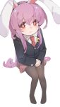  1girl absurdres animal_ears black_jacket black_pantyhose blazer collared_shirt crying crying_with_eyes_open floppy_ears gumingdi_ban highres jacket long_hair long_sleeves looking_at_viewer moon_rabbit necktie no_shoes pantyhose pink_skirt purple_hair rabbit_ears rabbit_girl red_eyes red_necktie reisen_udongein_inaba shirt simple_background sitting skirt solo tears touhou very_long_hair white_background white_shirt 