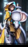  ;&lt; absurdres blurry blurry_background blush bodysuit breasts brown_hair cape cityscape curvy gigantic_breasts gloves green_eyes highres hood hood_up huge_breasts impossible_bodysuit impossible_clothes lamppost long_hair looking_at_viewer mature_female original plump pointy_ears rain raincoat skin_tight solo standing tail thigh_strap thighs white_gloves yellow_raincoat yue_huang_qing_vassago 