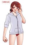  1girl artist_logo bikini bikini_under_clothes braid braided_ponytail cowboy_shot curled_fingers english_commentary fang highres hood hooded_jacket ishida_arata jacket kantai_collection logo looking_at_viewer low_ponytail nevada_(kancolle) ponytail red_bikini red_eyes red_hair simple_background single_braid solo swimsuit white_background white_jacket 