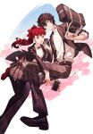  1boy 1girl absurdres amamiya_ren bag black_bag black_eyes black_hair black_jacket black_pantyhose black_shoes buttons cellphone closed_mouth commentary_request floating_hair hair_between_eyes hair_ribbon highres holding holding_bag holding_phone jacket long_hair long_sleeves looking_at_viewer messy_hair open_clothes open_jacket open_mouth pants pantyhose persona persona_5 persona_5_the_royal petals phone plaid_clothes plaid_pants plaid_skirt red_eyes red_hair red_ribbon red_shoes ribbon school_bag school_uniform shirt shoes short_hair shuujin_academy_school_uniform skirt smile suspenders tsubsa_syaoin turtleneck v white_shirt yoshizawa_kasumi 
