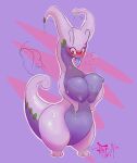 antennae_(anatomy) anthro big_breasts blush blush_lines breasts featureless_breasts featureless_hands female front_view generation_6_pokemon goodra green_markings heart_eyes heart_symbol hi_res holding_breast long_neck looking_at_viewer markings nintendo phrenpai pokemon pokemon_(species) purple_background purple_body purple_tongue simple_background solo thick_thighs tongue tongue_out wide_hips