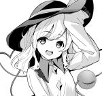  1girl buttons collared_shirt commentary_request diamond_button eyeball frilled_shirt_collar frilled_sleeves frills greyscale hat heart heart-shaped_pupils heart_of_string highres komeiji_koishi long_sleeves looking_at_viewer meimei_(meimei89008309) monochrome open_mouth shirt smile solo symbol-shaped_pupils third_eye touhou wide_sleeves 