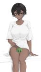  1girl absurdres black_eyes black_hair black_nails bottomless bracelet breasts clothes_lift collarbone convenient_censoring dark-skinned_female dark_skin feet_out_of_frame fingernails hair_between_eyes highres jewelry ku_(kuchurage) large_breasts lifting_own_clothes looking_at_viewer mole mole_under_eye mole_under_mouth original oversized_clothes oversized_shirt shirt shirt_lift short_hair short_sleeves sitting solo stuffed_toy tomboy toy_dinosaur white_background white_shirt 