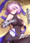  1girl 985033432 absurdres ahoge armored_boots armored_gloves blush bodystocking boots breasts closed_mouth commentary_request covered_navel covering_breasts covering_privates fate/grand_order fate_(series) highres large_breasts lying mash_kyrielight on_back pink_hair purple_eyes short_hair silver_gloves solo 