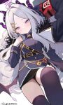  1girl ahoge armband belt belt_buckle black_belt black_coat black_skirt black_thighhighs blue_archive buckle buttons coat coat_on_shoulders commentary_request cross demon_girl demon_horns demon_wings forehead fur-trimmed_coat fur_trim hako_(user_wefj4427) halo highres hina_(blue_archive) horns iron_cross long_hair long_sleeves looking_at_viewer military_uniform miniskirt open_clothes open_coat parted_bangs pencil_skirt purple_eyes red_armband sam_browne_belt side_slit sidelocks simple_background skirt solo thighhighs twitter_username wavy_hair white_background white_hair wings zettai_ryouiki 