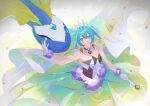  1girl 1other absurdres aqua_eyes aqua_hair aurorus bare_shoulders braid breasts collarbone dinosaur dress gloves hatsune_miku highres holding holding_staff long_hair looking_at_another medium_breasts official_alternate_costume official_alternate_hairstyle ojing_oppa_(o_b_s_00) one_eye_closed open_mouth pokemon pokemon_(creature) princess_dress project_voltage rock_miku_(project_voltage) smile staff strapless strapless_dress veil vocaloid white_gloves white_veil 