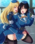  2girls ascot atago_(kancolle) beret black_garter_straps black_gloves black_hair black_pantyhose black_thighhighs blonde_hair blue_eyes blue_hat blue_skirt breasts garter_straps gloves hair_between_eyes hat kantai_collection large_breasts long_hair military_uniform miniskirt multiple_girls noteblue one_eye_closed open_mouth pantyhose red_eyes short_hair skirt takao_(kancolle) thighhighs very_long_hair 