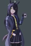  1girl absurdres ahoge animal_ears animal_print arm_behind_back belt black_belt black_coat black_gloves black_pantyhose black_shirt black_skirt cat_print coat collared_shirt cup ear_tag earrings eyes_visible_through_hair fwqh1208 gloves green_background hair_over_one_eye hand_up highres holding holding_cup horse_ears horse_girl horse_tail jewelry long_bangs long_hair looking_at_viewer manhattan_cafe_(umamusume) mug multicolored_hair necktie open_clothes open_coat pantyhose parted_lips pleated_skirt shirt simple_background single_earring skirt smile solo tail umamusume very_long_hair white_hair yellow_eyes yellow_necktie 