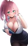  1girl absurdres ahoge black_bra black_choker black_pantyhose black_skirt blush book bra breasts choker cleavage collarbone collared_shirt commentary green_eyes hair_between_eyes hair_tie high_ponytail highres holding holding_book huge_breasts kay_yu large_breasts leaning_forward long_hair looking_at_viewer mole mole_on_breast office_lady original pantyhose parted_lips pencil_skirt pink-haired_girl_(kay_yu) pink_hair pink_lips ponytail shirt simple_background skirt solo thighs underwear white_background white_shirt wristband 