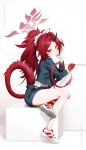  1girl absurdres alternate_costume black_horns black_panties blue_archive bucho_sama dragon_girl dragon_horn dragon_tail eyeshadow grey_jacket grey_skirt halo highres horns jacket long_hair long_sleeves makeup miniskirt panties panty_peek ponytail red_eyes red_eyeshadow red_hair red_halo red_tail renge_(blue_archive) school_uniform shirt shoes single_horn sitting skirt smile sneakers solo tail underwear very_long_hair white_shirt 
