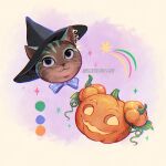  animal_ear_piercing artist_name black_hat blue_bow blue_bowtie bow bowtie cat hat highres jack-o&#039;-lantern looking_at_another looking_at_viewer luztapiaart no_humans original watermark 