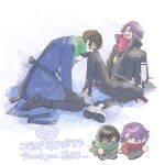  2boys :d ^_^ belt belt_buckle black-framed_eyewear black_belt black_boots black_gloves black_hair black_pants blue_coat blush boots buckle chibi closed_eyes coat colored_inner_hair commentary_request ear_piercing earrings fang glasses gloves green_scarf grin hair_between_eyes hair_intakes hand_up highres jacket jewelry kaburagi_(pnoir087) knee_up long_sleeves male_focus multicolored_hair multiple_boys nijisanji open_clothes open_jacket open_mouth pants parted_bangs piercing pink_hair purple_eyes purple_hair red_gloves red_scarf scarf shikinagi_akira shoes short_hair sitting skin_fang smile snow teeth translation_request two-tone_hair upper_teeth_only v-shaped_eyebrows virtual_youtuber watarai_hibari white_shoes yellow_eyes 