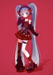  1girl aqua_eyes asymmetrical_legwear belt black_camisole black_shoes camisole commentary cute_x_subculture_hatsune_miku_design_contest fashion gothic_punk grey_hair hairband hatsune_miku headset jacket leather leather_jacket lolita_fashion lolita_hairband long_hair mary_janes mismatched_legwear open_clothes open_jacket plaid_clothes plaid_skirt punk red_background red_skirt sasansei3 shoes simple_background skirt solo very_long_hair vocaloid 