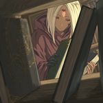  bad_id bad_pixiv_id book cloak elona exile_(elona) harusame_(rueken) hood hooded_cloak scar shelf solo third_eye white_hair 