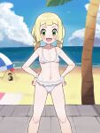  1girl :d beach_towel bikini blonde_hair chiwino cloud collarbone commentary_request day green_eyes hands_on_own_hips happy highres knees large_variant_set lillie_(pokemon) long_hair looking_at_viewer open_mouth outdoors palm_tree pokemon pokemon_(anime) pokemon_(creature) pokemon_sm_(anime) sand sandygast shore sky smile standing swimsuit towel tree variant_set water white_bikini 