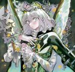  1boy arthropod_boy blue_eyes blush bug butterfly butterfly_wings crown crown_of_thorns diamond_hairband eurybia2 fate/grand_order fate_(series) grey_hair highres insect_wings long_sleeves looking_at_viewer male_focus medium_hair oberon_(fate) shirt solo upper_body white_shirt wings 