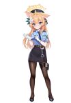  1girl absurdres adjusting_clothes adjusting_gloves animal_ear_fluff animal_ears black_pantyhose black_skirt blue_archive blue_eyes blue_shirt blush cat_ears closed_mouth cuffs female_service_cap flower gloves hair_between_eyes hair_flower hair_ornament halo handcuffs hat highres holster japan_national_police long_hair long_sleeves looking_at_viewer mari_(blue_archive) necktie orange_hair pantyhose pencil_skirt police police_hat police_uniform policewoman putting_on_gloves rinringyo shirt simple_background skirt smile solo standing thigh_holster white_background white_flower white_gloves yellow_halo 
