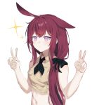  1girl absurdres animal_ears arknights bare_arms bare_shoulders bow breasts brown_shirt closed_mouth collared_shirt crop_top double_v hair_bow hair_over_shoulder hands_up highres long_hair medium_breasts midriff navel neckerchief purple_eyes rabbit_ears ray_(arknights) red_hair shirt simple_background sleeveless sleeveless_shirt solo sparkle stomach upper_body v v-shaped_eyebrows white_background zapik 