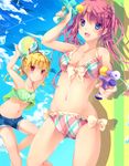  amanatsu_yuzuka armpits arms_up bad_id bad_pixiv_id ball beachball bikini blonde_hair blue_eyes breasts cleavage large_breasts long_hair medium_breasts multiple_girls navel original pink_eyes pink_hair plaid plaid_bikini shirt short_shorts shorts sleeveless sleeveless_shirt summer swimsuit water_gun 