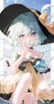 1girl absurdres adapted_costume aqua_eyes aqua_hair bare_legs bare_shoulders bubble commentary_request covered_mouth double-parted_bangs dress eyeball feet_out_of_frame hair_between_eyes hand_up hat highres knees_up komeiji_koishi looking_at_viewer off-shoulder_dress off_shoulder short_hair sitting solo third_eye touhou yellow_dress yukia_(yukia_777) 