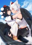  2girls absurdres animal_ear_fluff animal_ears arms_around_neck artist_name bird_wings black_feathers black_hair black_skirt black_wings blue_sky blurry blush breasts bridal_gauntlets closed_mouth cloud commentary_request day depth_of_field detached_sleeves falling_feathers feathered_wings feathers frilled_skirt frills grey_hair hand_on_another&#039;s_back hat highres hip_vent hug inubashiri_momiji leaf_print maple_leaf_print milestone_celebration min.k multicolored_shirt multicolored_skirt multiple_girls navel one_eye_closed open_mouth pointy_ears pom_pom_(clothes) print_shirt print_skirt puffy_short_sleeves puffy_sleeves red_eyes red_hat ribbon-trimmed_sleeves ribbon_trim shameimaru_aya shirt short_hair short_sleeves skirt sky smile tail tokin_hat touhou translation_request white_shirt wings wolf_ears wolf_girl wolf_tail yuri 