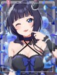  1girl ;d absurdres asaka_karin balloon bare_shoulders birthday black_dress blue_bow blue_eyes blue_hair blush bow breasts cleavage collarbone commentary_request confetti criss-cross_halter demon_horns dress dress_bow halter_dress halterneck highres horns kyaku_tasu looking_at_viewer love_live! love_live!_nijigasaki_high_school_idol_club medium_hair mole mole_on_collarbone multiple_moles official_alternate_costume one_eye_closed smile twitter_username upper_body watermark 