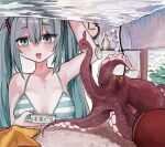  1girl aqua_eyes aqua_hair aqua_nails arm_up bikini blush breasts commentary fish_tank hair_between_eyes hatsune_miku heart highres long_hair looking_to_the_side medium_breasts microa nail_polish octopus open_mouth solo starfish striped_bikini striped_clothes sweat swimsuit thumbs_up translated twintails upper_body variant_set vocaloid 