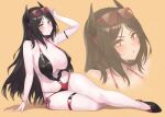  1girl arknights black_hair black_shoes bracelet breasts collarbone eyewear_on_head high_heels highres horns ines_(arknights) jewelry large_breasts long_hair looking_at_viewer o-ring o-ring_swimsuit orange_background parted_bangs red-framed_eyewear shoes sicsic49 simple_background sitting solo sunglasses swimsuit two-tone_swimsuit very_long_hair yellow_eyes zoom_layer 