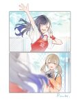  2girls absurdres arm_up azusawa_kohane blush brown_cardigan brown_eyes brown_hair camera cardigan chinese_commentary closed_eyes commentary_request fence glint highres holding holding_camera jingzhaowhale low_twintails medium_hair miyamasuzaka_girls&#039;_academy_school_uniform multiple_girls neckerchief open_mouth ponytail project_sekai red_neckerchief sailor_collar school_uniform shiraishi_an shirt short_hair sidelocks smile teeth twintails white_sailor_collar white_shirt 