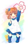  1girl arle_nadja arm_up blue_boots blue_shirt blue_skirt boots brown_eyes brown_hair carbuncle_(puyopuyo) child commentary_request drawn_flower dress full_body hair_bobbles hair_ornament kuroda_(kuro_yyy) looking_at_viewer madou_monogatari madou_monogatari_ars medium_hair open_mouth pleated_skirt puyopuyo shirt side_ponytail skirt smile standing teeth upper_teeth_only v white_dress 