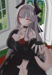 1boy 1girl absurdres admiral_zenker_(azur_lane) azur_lane bare_shoulders black_bow black_dress black_gloves black_horns blush bow breasts butadiene cleavage closed_mouth commander_(azur_lane) dress earrings fingerless_gloves flower frilled_dress frills gloves grey_hair hair_bow hair_flower hair_ornament hand_on_own_chest highres horns jewelry large_breasts layered_dress multicolored_hair pov pov_hands red_eyes red_hair red_streaks ring tiara wedding_dress wedding_ring white_flower 